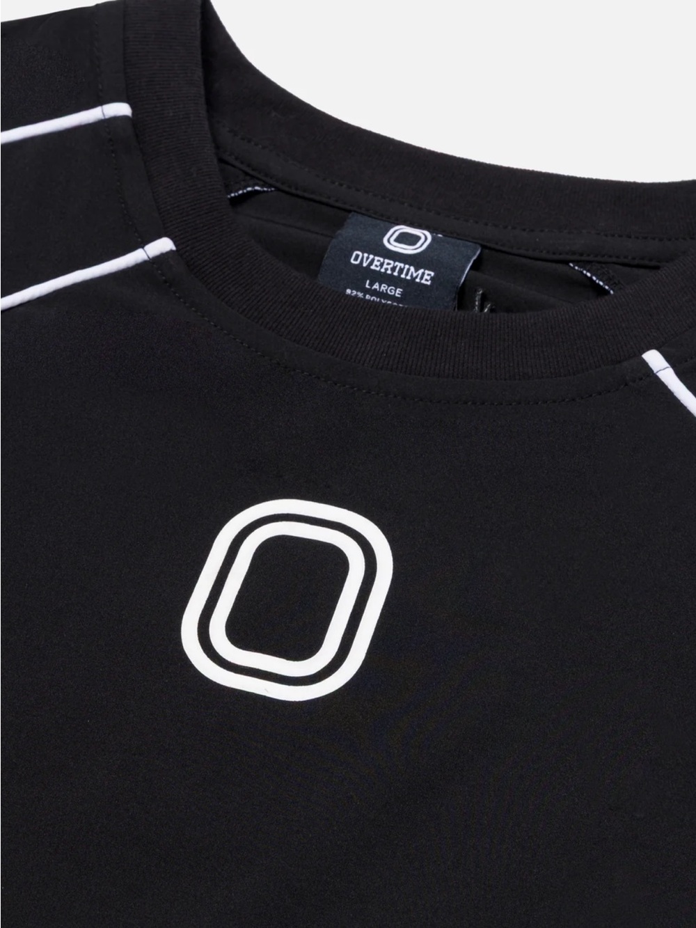 Overtime Linear Racimg Tee. Black Performance Crew Neck Shirt.